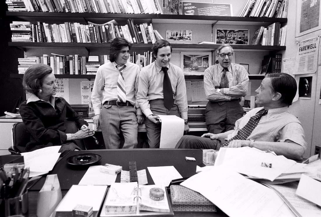 Ben Bradlee with Katharine Graham, Carl Bernstein, Bob Woodward andWashington Post managing editor Howard Simons