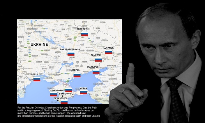 Putin and map of demonstrations in crimea
